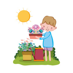 Poster - boy lifting houseplant with sprinkler in the garden