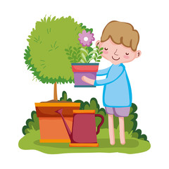 Poster - boy lifting houseplant with sprinkler and tree