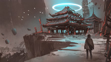 Night Scenery Showing A Man Looking At The Lost Temple, Digital Art Style, Illustration Painting