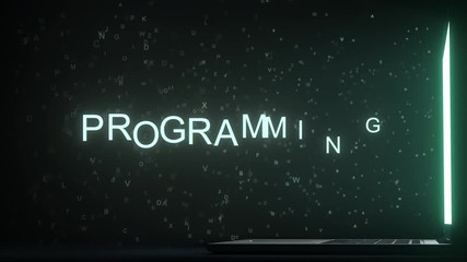 PROGRAMMING text appearing near laptop screen. Conceptual 3D animation