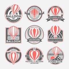 Balloon vintage isolated label set. Balloon federation symbol. Flying club logo. Hot air balloon festival badge. Balloon tournament symbol. Badge collection with mountains, balloons, month, sun, stars