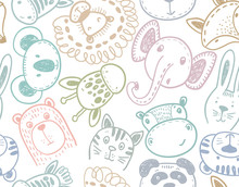 Seamless Pattern With Cute Animal Heads, Endless Background