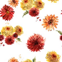 Watercolor Seamless Pattern With Red And Yellow Gerberas And Chrysanthemum