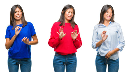 Wall Mural - Collage of asian young woman standing over white isolated background disgusted expression, displeased and fearful doing disgust face because aversion reaction. With hands raised. Annoying concept.