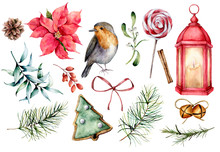 Watercolor Set With Christmas Symbols. Hand Painted Winter Plants, Bullfinch Bird, Decor Isolated On White Background. Holiday Floral And Objects Illustration For Design, Print, Background