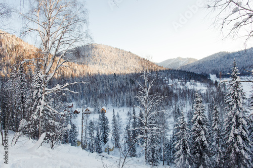 Plakat Grudniowa zimowa wycieczka do rezerwatu Kuznetsk Alatau na nartach. Rosja.