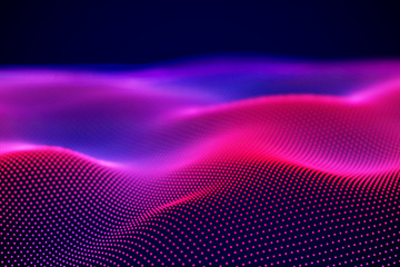 Abstract landscape of Neon digital particles or sound waves. Big data technology background. Visualization of sound waves. Virtual reality concept: 3D digital surface. EPS 10 vector illustration.