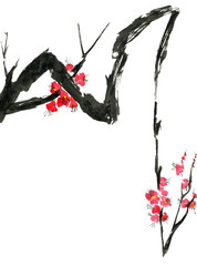 A branch of a blossoming tree. Pink and red stylized flowers of plum mei, wild apricots and sakura . Watercolor and ink illustration in style sumi-e, u-sin. Oriental traditional painting.