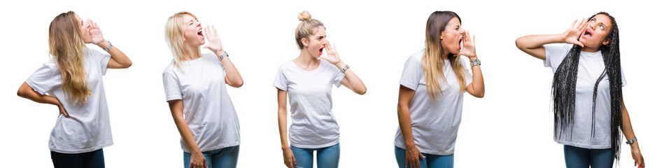 Sticker - Collage of group of beautiful woman wearing casual white t-shirt over isolated background shouting and screaming loud to side with hand on mouth. Communication concept.