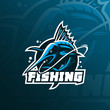 fish marlin mascot logo design vector with modern illustration concept style for badge, emblem and tshirt printing. fish marlin jumping illustration with fishing rod