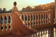Beautiful Lady In Luxurious Ballroom Dress With Tulle Skirt And Lacy Top Standing On The Large Balcony Looking Away At Sunset. Back View. Text Space
