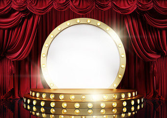Wall Mural - theater stage with red velvet curtains and golden decorative scene. 3d illustration