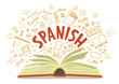 Spanish. Open book with language hand drawn doodles and lettering