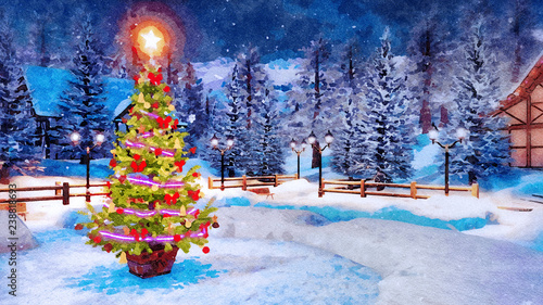 Decorative Landscape In Watercolor With Christmas Tree Decorated