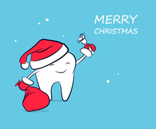 Cute Funny Cartoon Tooth In A Santa Claus Hat In Red Mittens With A Bag Of Gifts And A Bell. Vector Concept Of New Year And Christmas Greeting For The Dental Clinic With Space For Text.
