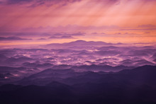 Purple Mountain  / Landscape Mountain With Fog Mist Purple Sky And Rising Sun In The Morning