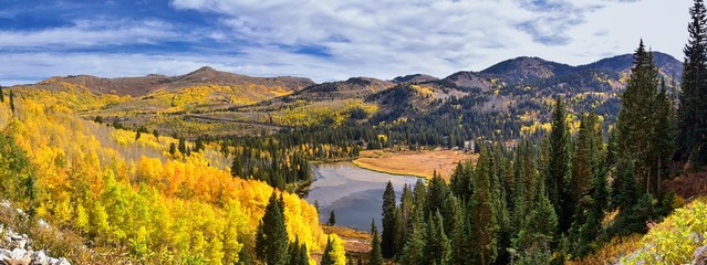 Wall Mural - Silver Lake by Solitude and Brighton Ski resort in Big Cottonwood Canyon. Panoramic Views from the hiking and boardwalk trails of the surrounding mountains, aspen and pine trees in brilliant fall autu