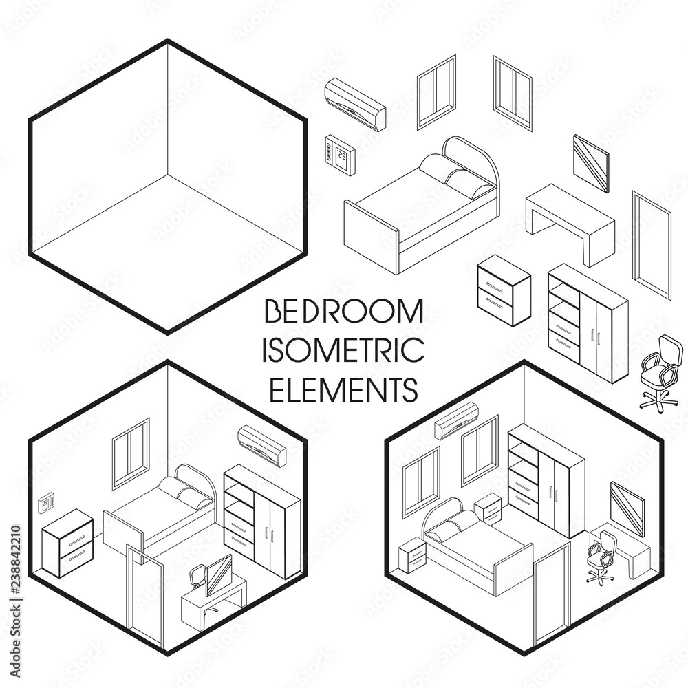 Bedroom interior creator vector isometric thin line elements Stock ...