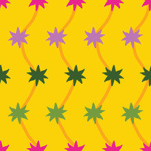 Hand Drawn Star Shapes And Zig Zag Vertical Stripes, Clean Simple Design. Yellow, Hot Pink,lavender And Green. Stationery, Product Packaging, Textiles, Fashion, Home Decor, Gift Wrapping.