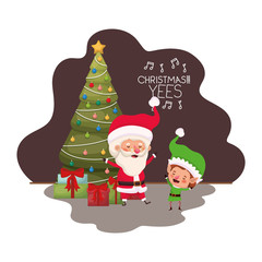 Wall Mural - santa claus and elf with christmas tree and gifts