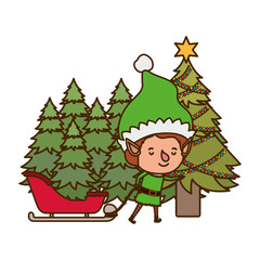 Wall Mural - elf with sled and christmas tree avatar character