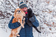 © T.Den_Team - Senior man on a walk with black cat and red dog. Positive lifestyle and life after 50 -60 year. Good mood and holiday joyful with pets