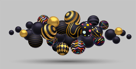 Wall Mural - Abstract composition of floating spheres. Gold, black and multicolored. 3D eps10 vector