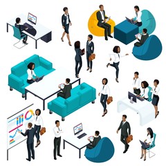 Wall Mural - Trendy isometrics of businessmen African American 3d characters, business concept of young entrepreneurs and office workers for vector illustrations