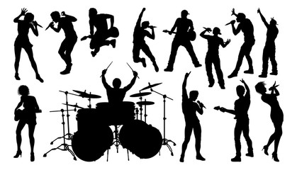 Wall Mural - A set of musicians, rock or pop band singers, drummers, and guitarists high quality silhouettes