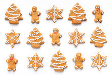 Homemade Christmas Cookies On White Background, Top View