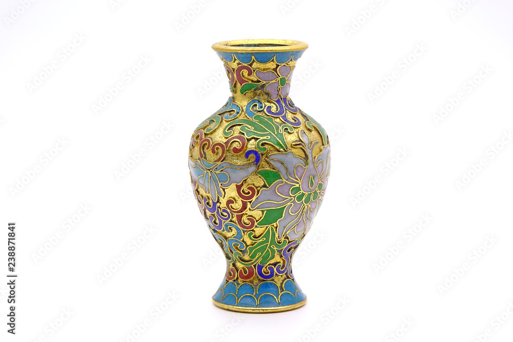 Vase : Antique Chinese Cloisonne enamel vase isolated on white background - obrazy, fototapety, plakaty 