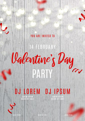 Wall Mural - Beautiful poster for Happy Valentine's Day party. Vector illustration with red serpentine and garlands with hearts on wooden texture. Invitation to nightclub.