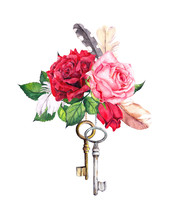Red, Pink Roses With Two Keys And Feathers. Watercolor In Boho Style For Valentine Day, Wedding