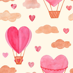 Wall Mural - Seamless pattern. Hand drawn watercolor illustration, hot air balloon in the sky. Valentines day, aquarelle illustration. Pattern perfect for Valentine's day card, romantic post cards, gift wrapping.