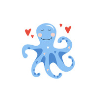 Vector Hand Drawn Illustration For Kids Of Cute Blue Little Octopus With Red Hearts. Valentine Card 