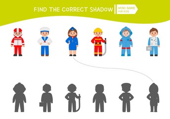 Wall Mural - Educational  game for children. Find the right shadow. Kids activity with professions.