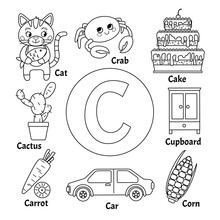 Learning Card Alphabet. Letter C. Set Of Cute Cartoon Illustrations. Coloring Page.