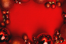 Christmas Red Background With Fir Tree, Red Christmas Balls.