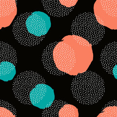 Poster - Vector seamless pattern with round dotted elements and golden circles. Trendy memphis background.