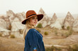 Fall Fashion. Beautiful Woman In Hat, Dress In Nature Portrait