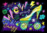 Fototapeta Kosmos - Wow rollers skates girls trendy shoes, high heel, sport slogan lettering. Color pencil, marker, ink, pen doodles sketch style. Hand drawn illustration vector.