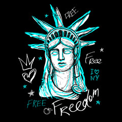 New York, t shirt design, poster, print, statue of liberty lettering, map, tee shirt graphics, trendy, dry brush stroke, marker, color pen, ink, watercolor. Hand drawn vector illustration.