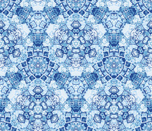 Blue Kaleidoscope Seamless Pattern, Background. Geometric And Abstract Elements. Five Colors. Useful As Design Element For Texture And Artistic Compositions.