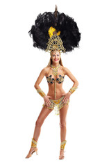 Wall Mural - Brazilian woman posing in samba costume over white background