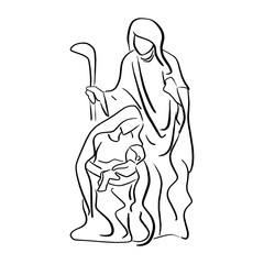 Nativity Scene of baby Jesus in arm of Mary vector illustration sketch doodle hand drawn with black lines isolated on white background.