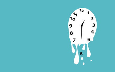 Melting clock flat design vector illustration on green background.