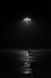 Street lamp on dark night, deserted film noir black and white mystery shadows eerie minimalist copy space vertical format.