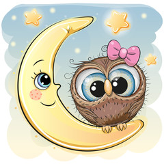 Wall Mural - Cute Cartoon Owl girl on the moon