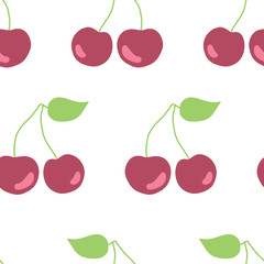 Wall Mural - Hand drawn cherries seamless vector pattern. Illustrated cherry pairs pink and red on a green background. Great for fabric, paper, packaging, home decor, kitchen decor, flyer, bar menu, summer party