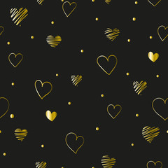 Wall Mural - Black seamless pattern Valentine's Day with golden hearts